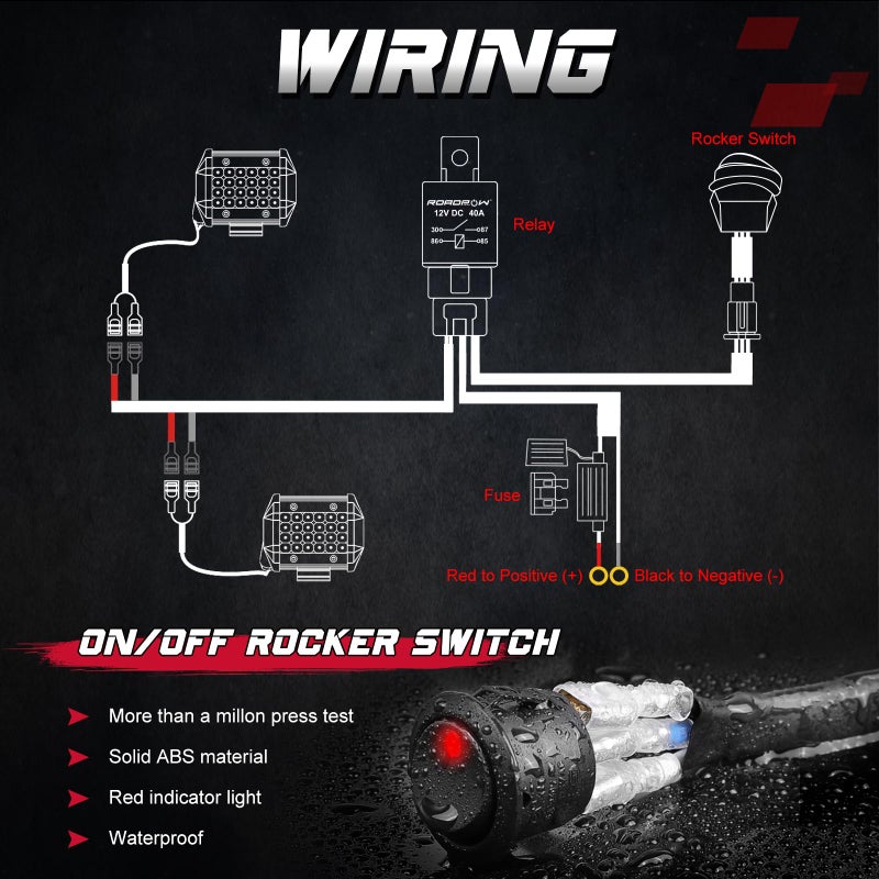 OFFROADTOWN Wiring Harness, OFFROADTOWN 2 Lead Heavy Duty Wiring Harness Kit for Fog Lights LED Work Light bar LED Pods 12V 40A Fuse Relay Rocker Switch Relay for Trucks ATV UTV Boat - Image 5